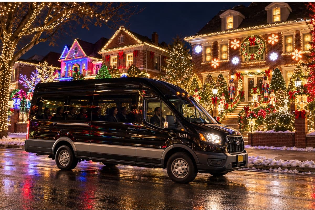 GO Airlink van touring Dyker Heights holiday lights